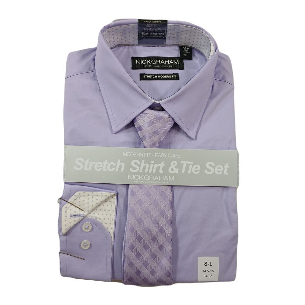 Nick Graham Dress Shirt & Plaid Tie Set Small 14.5-15‎ 34/35 Lavender $75 NEW